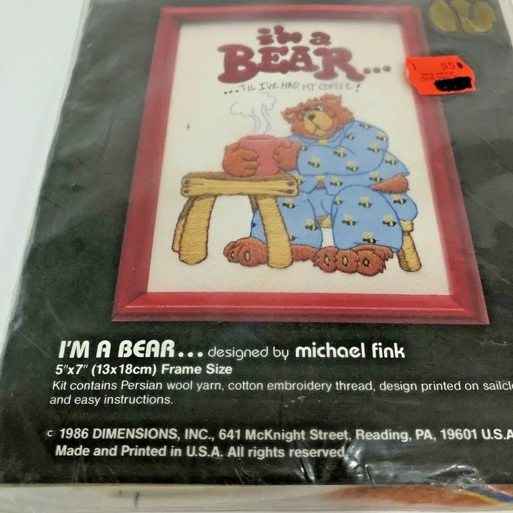 VTG Dimensions A Bear Til I've Had Coffee‎ Crewel Kit New Sealed Needlepoint NEW